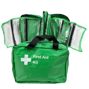 Green First Aid Bag With Handles & clear fold out compartments.