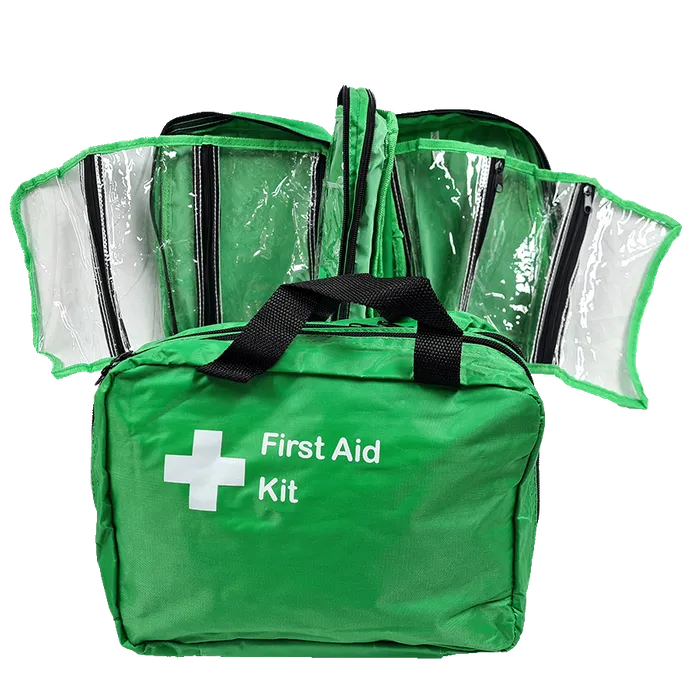 Green First Aid Bag With Handles & clear fold out compartments.